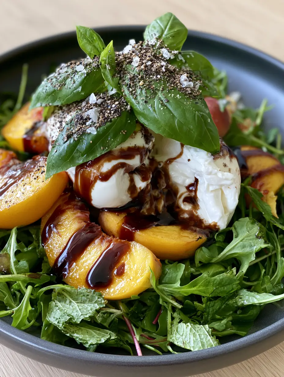 Summer Peach Salad with Creamy Burrata and Balsamic Glaze 3 Extreme close-up of a summer peach salad showing oozing burrata and glistening peach wedges. (summer peach salad)