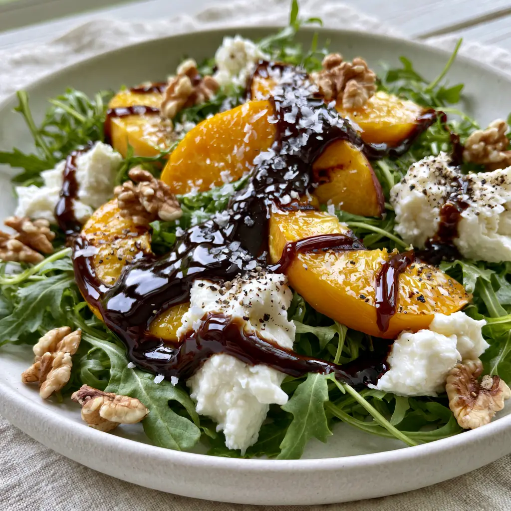 Peach Arugula Salad with Grilled Peaches and Creamy Goat Cheese 1 Close up shot of thick balsamic glaze drizzled over grilled peaches and walnuts in a Peach Arugula Salad.