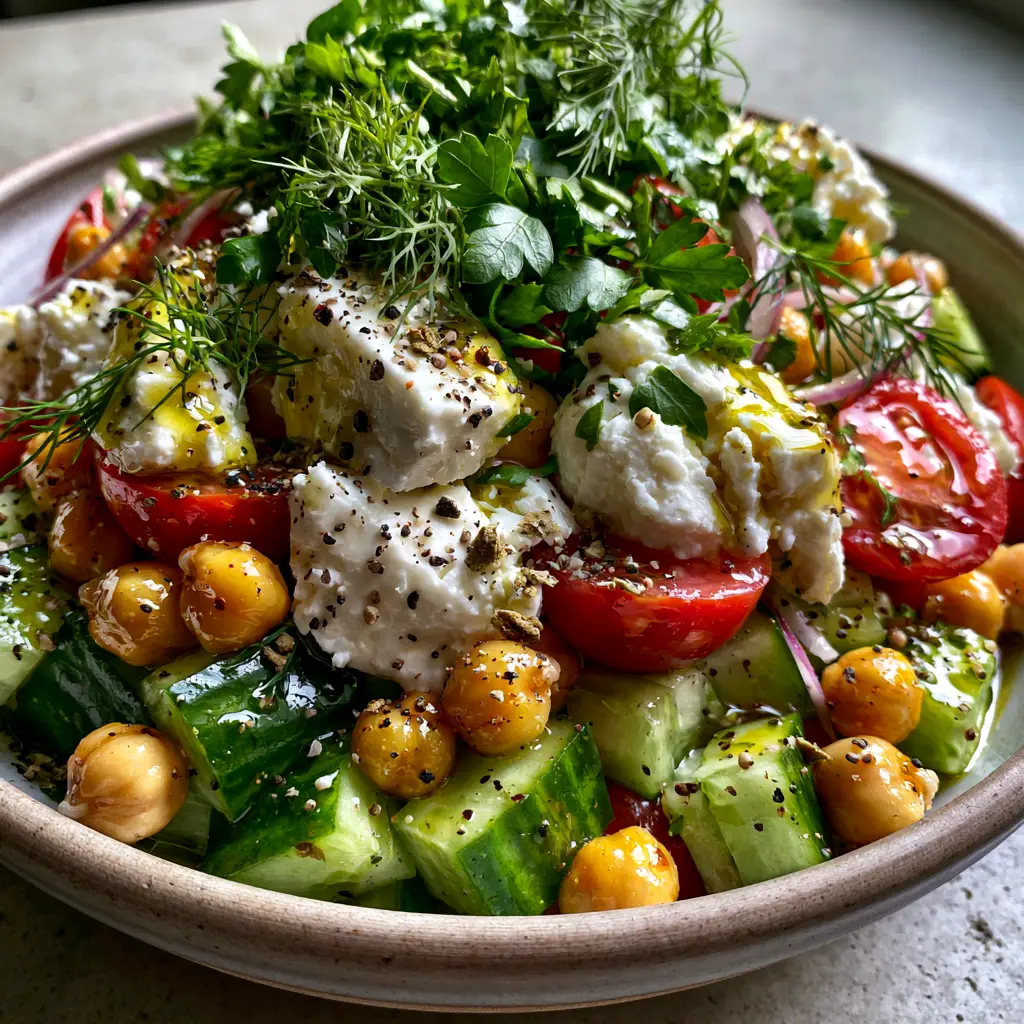Cucumber Chickpea Feta Salad: The Ultimate 10-Minute Mediterranean Side 1 Glossy lemon-herb dressing with oregano and black pepper clinging to cherry tomatoes and feta.