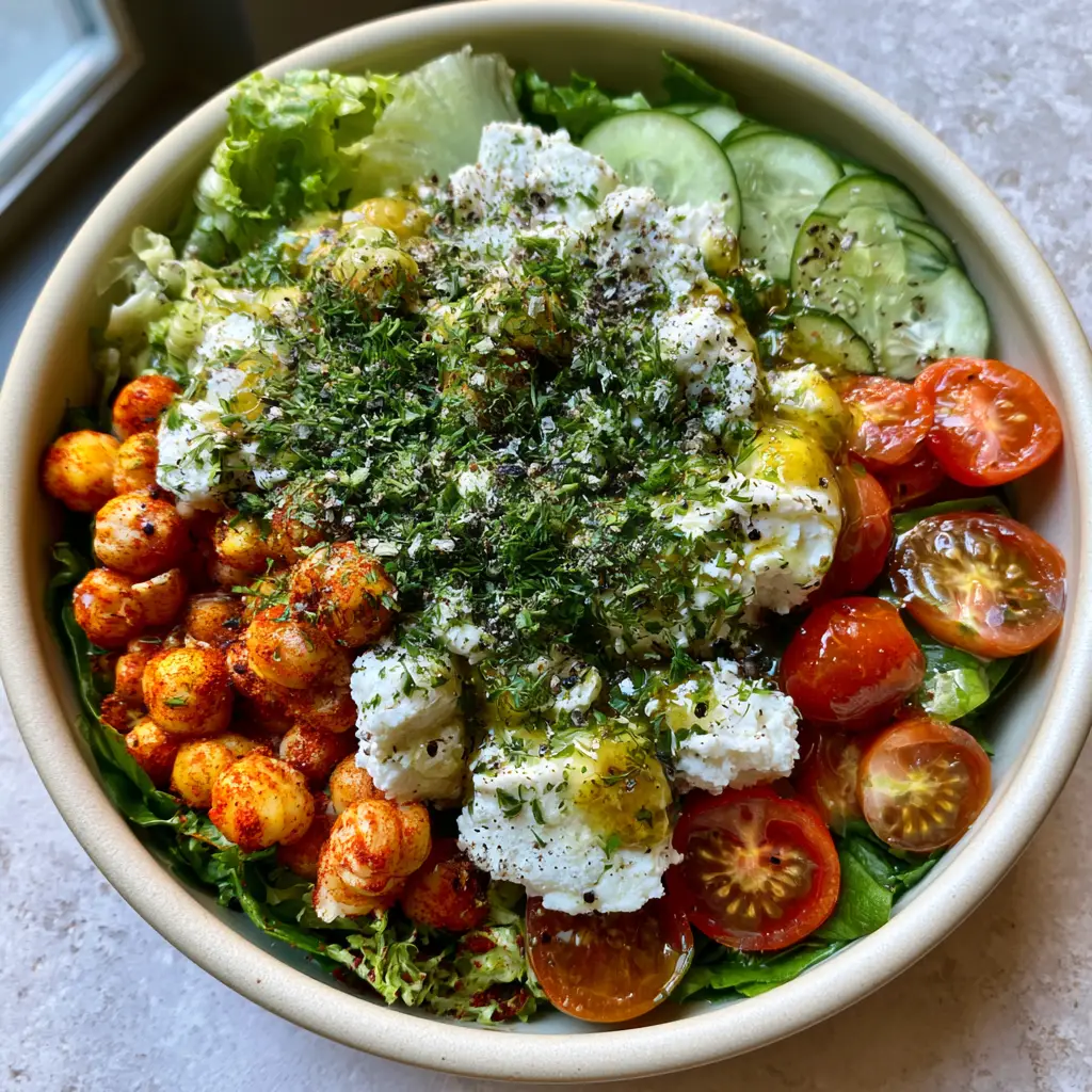 Mediterranean Feta Salad with Smoked Paprika Roasted Chickpeas 1 Rustic crumbles of Greek feta cheese and half-moon Persian cucumbers in a Mediterranean feta salad bowl.