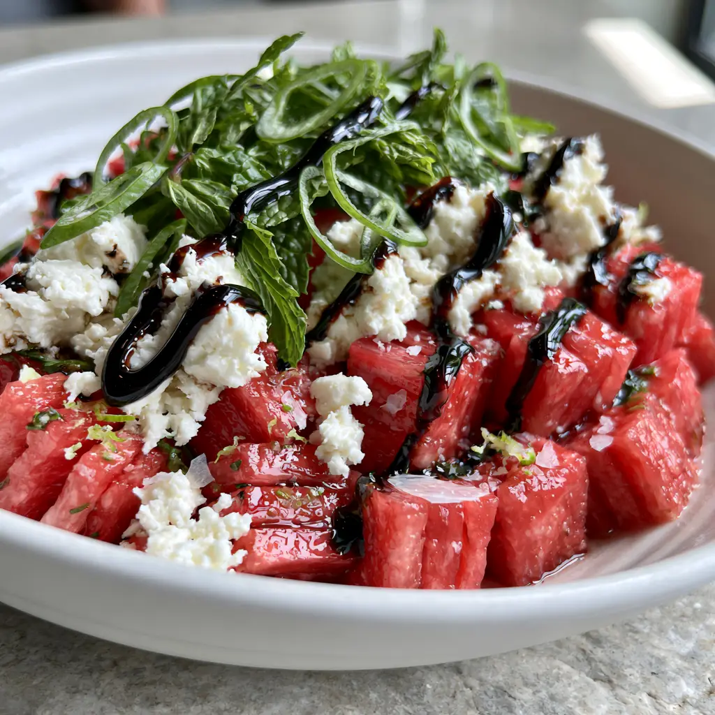 Overhead view of watermelon feta salad with vibrant mint leaves and lime zest. (watermelon feta salad)