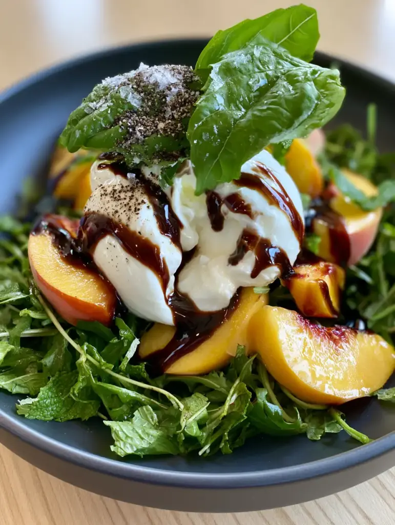 Summer Peach Salad with Creamy Burrata and Balsamic Glaze 1 Close-up of thick balsamic glaze drizzled over yellow peaches and emerald green basil. (summer peach salad)