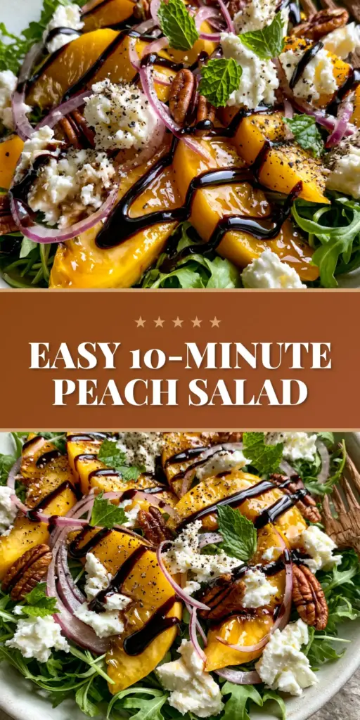 Peach Feta Salad with Balsamic Glaze and Toasted Pecans 4 A close-up vertical shot of a peach feta salad with thick balsamic glaze ribbons and whole pecans. (peach feta salad)