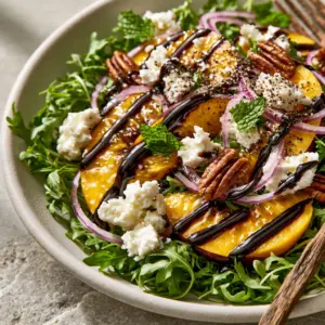 Top-down view of peach feta salad in a matte white bowl featuring arugula, golden peaches, and translucent red onion curls. (peach feta salad)