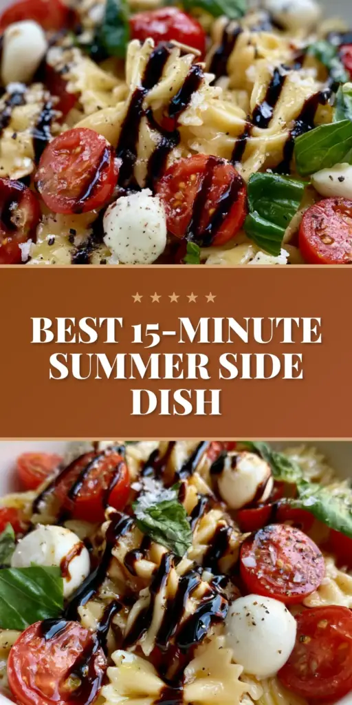 Caprese Pasta Salad with Thick Balsamic Glaze and Fresh Basil 4 A close-up of Caprese Pasta Salad in a white bowl showing farfalle, cherry tomatoes, and mozzarella with a balsamic drizzle.