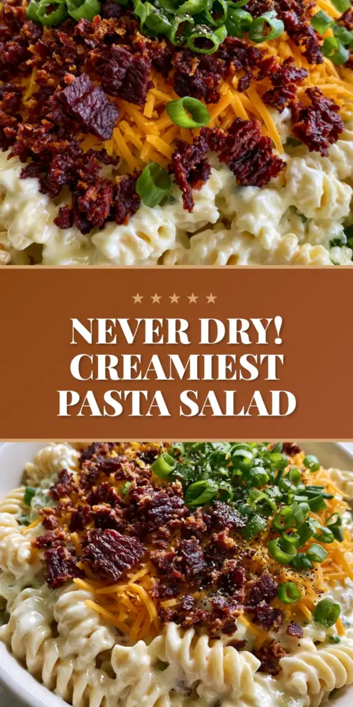 Bacon Ranch Pasta Salad with Crispy Bacon and Sharp Cheddar 4 A large white ceramic bowl of bacon ranch pasta salad topped with crispy bacon bits, orange cheddar, and green onions on a light wooden table.