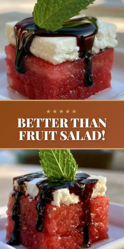 Watermelon Canapes with Feta and Balsamic Glaze 4 A stack of vibrant watermelon canapes with feta and mint on a white platter. (watermelon canapes)