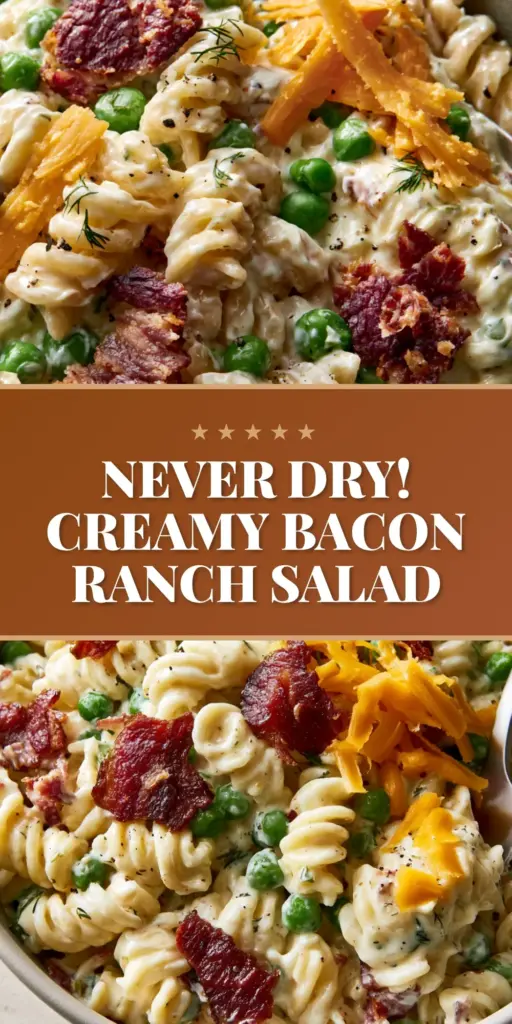 Close-up of a glossy ranch pasta salad with rotini, crispy bacon chunks, and bright green peas in a ceramic bowl. (ranch pasta salad)
