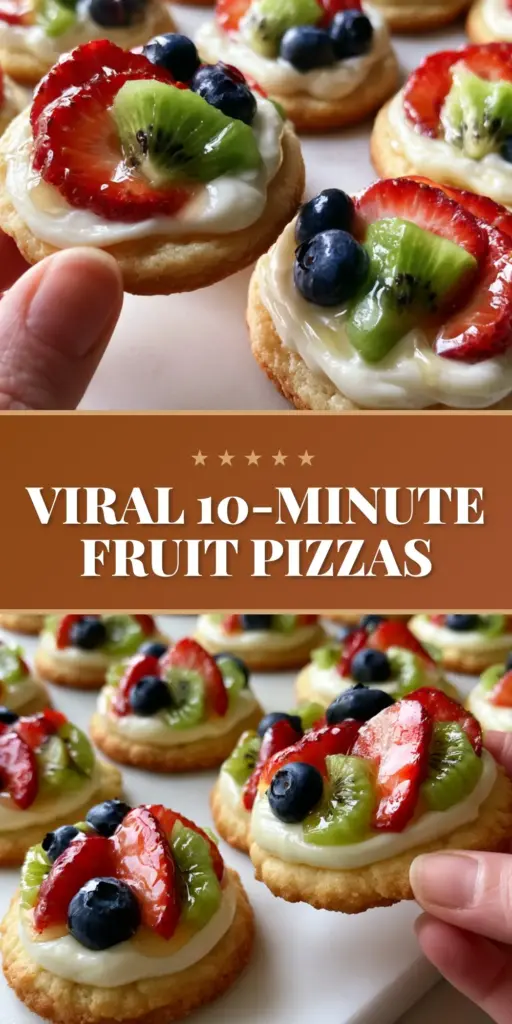 Mini Fruit Pizzas With Soft Sugar Cookie Crust And Thick Cream Cheese Glaze 4 A dozen Mini Fruit Pizzas with thick piped cream cheese glaze and fresh fruit arranged on a white marble slab.