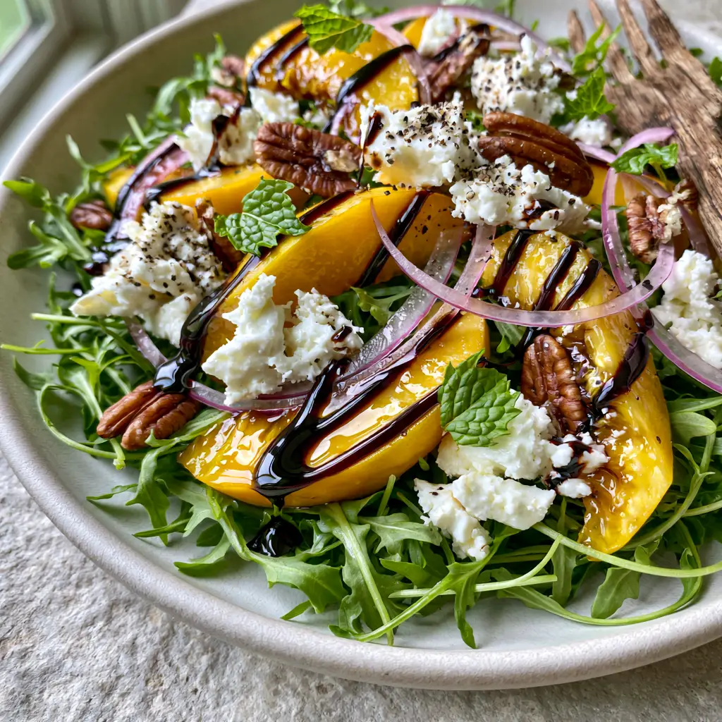 Peach Feta Salad with Balsamic Glaze and Toasted Pecans 1 Slightly angled close-up of juicy peaches and crumbled feta scattered over crisp baby arugula with balsamic drizzle. (peach feta salad)