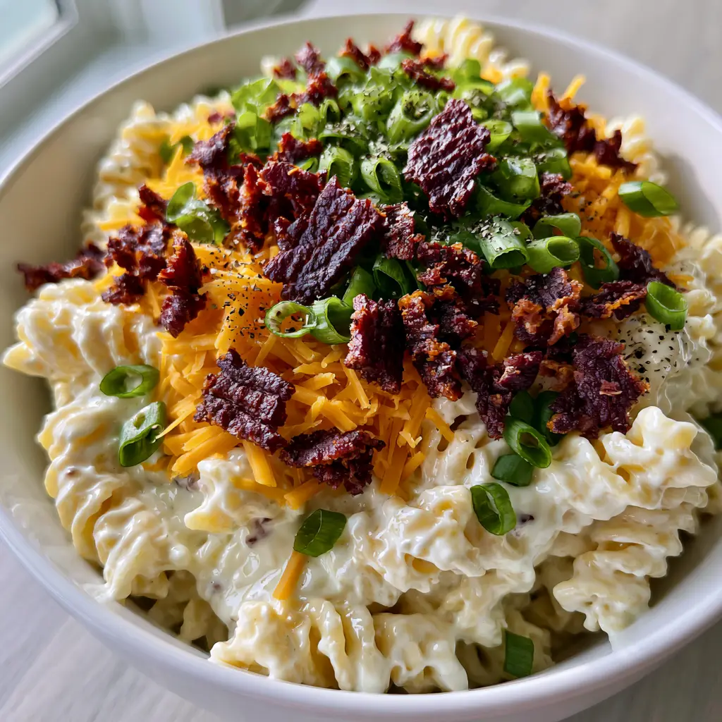 Bacon Ranch Pasta Salad with Crispy Bacon and Sharp Cheddar 2 Overhead view of a bowl of bacon ranch pasta salad showing the glossy white dressing and bright green scallions.