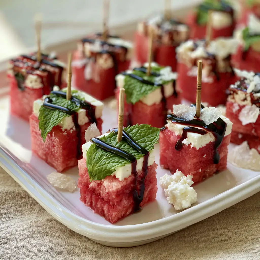 Watermelon Canapes Recipe: The Ultimate Sweet & Salty Summer Bite 2 Overhead view of an elegant white ceramic platter filled with structured watermelon canapes and balsamic glaze. (Watermelon Canapes recipe)