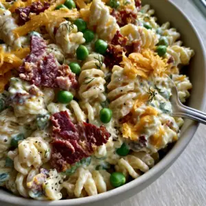 Extreme close-up of thick ranch dressing coating rotini pasta with jagged bacon and dill flecks. (ranch pasta salad)