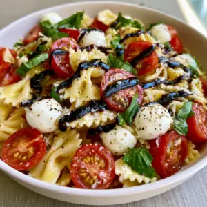 Overhead view of glistening al dente farfalle pasta with fresh basil and tomatoes in a Caprese Pasta Salad.