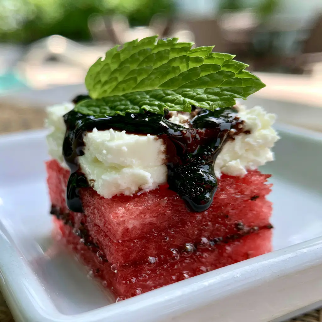 Watermelon Canapes with Feta and Balsamic Glaze 2 Macro shot of cold watermelon cubes with glistening cell structure and creamy feta. (watermelon canapes)