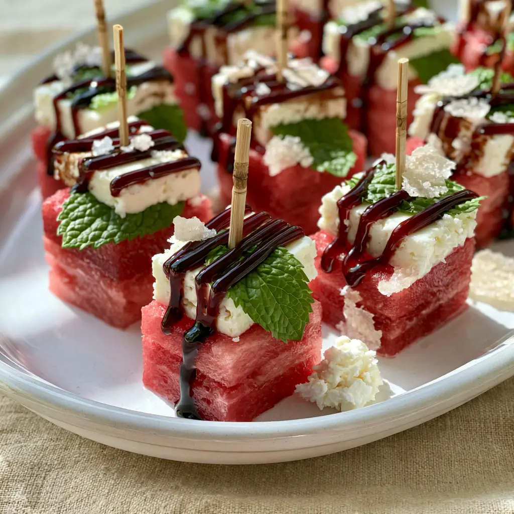 Watermelon Canapes Recipe: The Ultimate Sweet & Salty Summer Bite 1 Macro photo of a single watermelon canape showing the creamy feta, mint leaf, and mahogany balsamic zigzag.