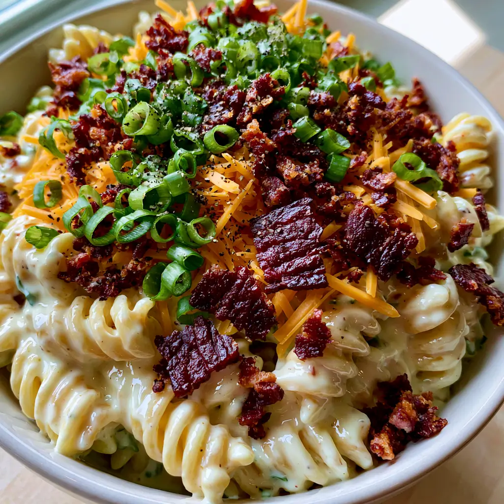 Bacon Ranch Pasta Salad with Crispy Bacon and Sharp Cheddar 1 Close-up of crispy dark reddish-brown bacon crumbles on top of a creamy pasta salad with shredded cheese.