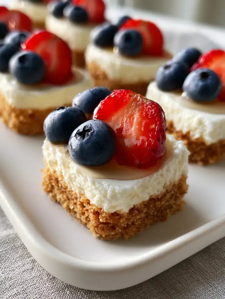 No-Bake Fourth of July Desserts: Red, White, and Blue Cheesecake Bites 1 Macro photo of fresh blueberries and strawberries with a clear honey glaze on cheesecake bites.