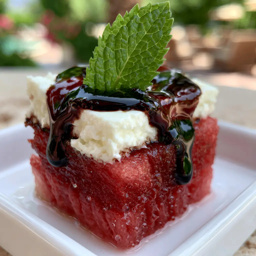 Watermelon Canapes with Feta and Balsamic Glaze 1 Ebony balsamic glaze drizzled artistically over watermelon and feta canapes.
