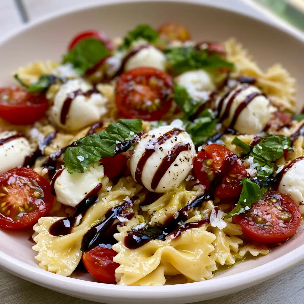 Caprese Pasta Salad with Thick Balsamic Glaze and Fresh Basil 1 Plump mozzarella pearls and juicy cherry tomatoes nestled in a bowl of Caprese Pasta Salad.