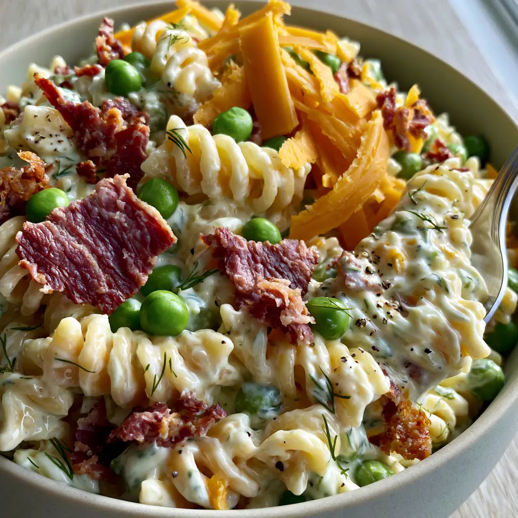 High-angle shot showing a silver spoon in a bowl of ranch pasta salad with vibrant green peas and orange cheddar.
