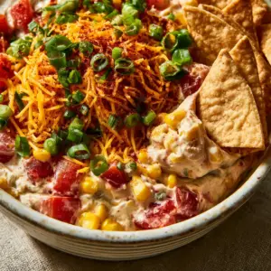 Top-down view of creamy Boat Dip with chunky red tomatoes and bright yellow corn kernels.