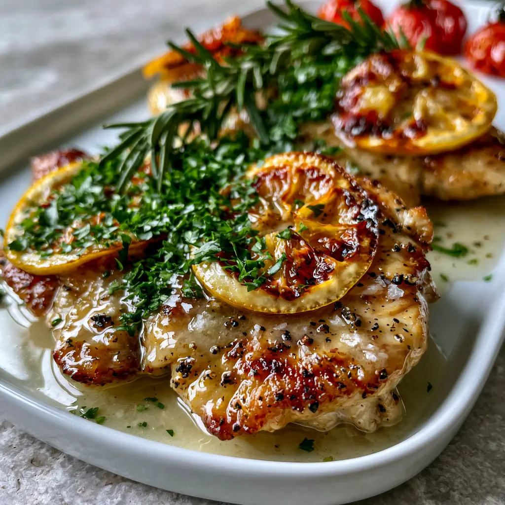Summer Chicken Recipes: Pan-Seared Lemon Butter Chicken with Blistered Tomatoes 2 A close-up shot of succulent golden-brown seared chicken coated in a thick lemon-butter glaze with rosemary. (summer chicken recipes)