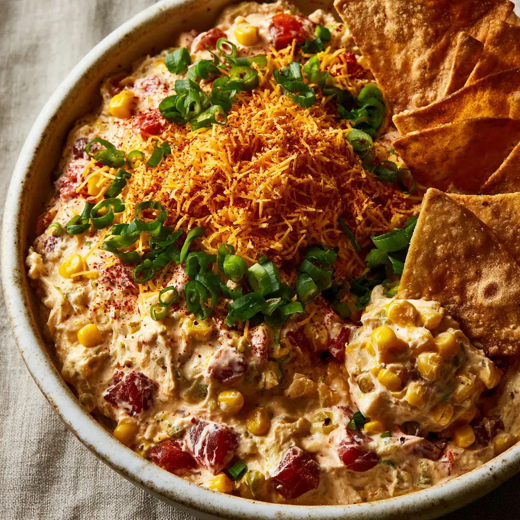 A tortilla chip lifting a thick glob of Boat Dip with melted-looking cheddar and green onions.