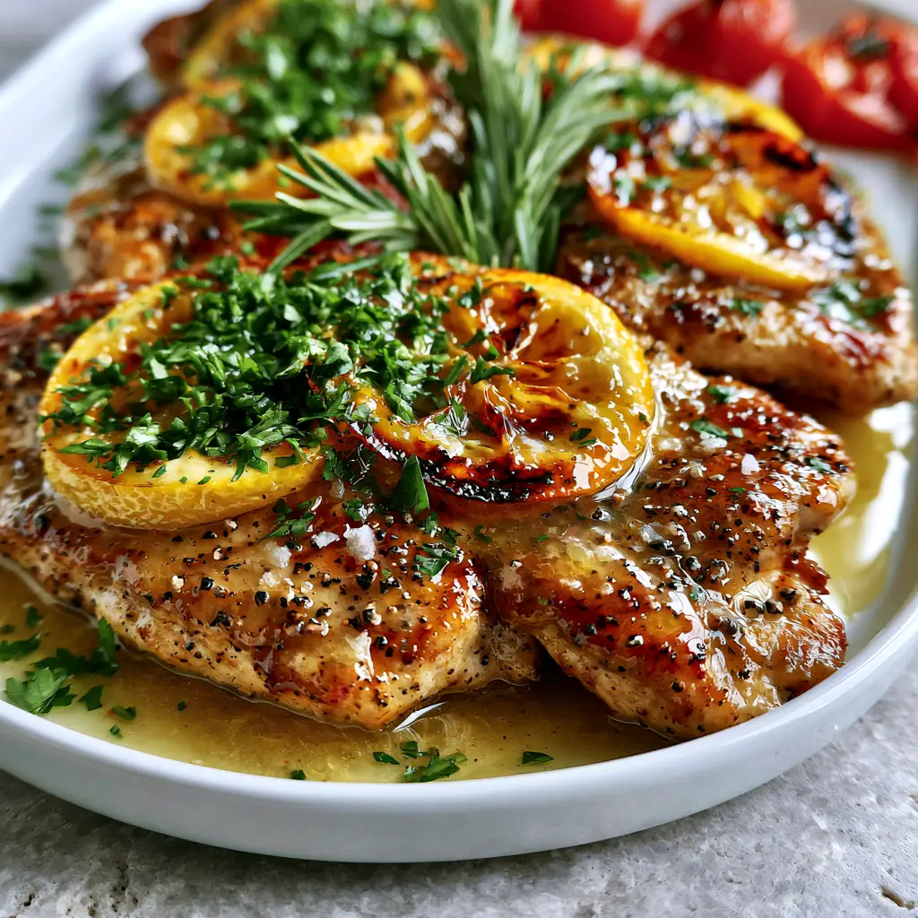 Summer Chicken Recipes: Pan-Seared Lemon Butter Chicken with Blistered Tomatoes 1 Eye-level view of charred lemon rounds and blistered tomatoes resting on golden chicken.