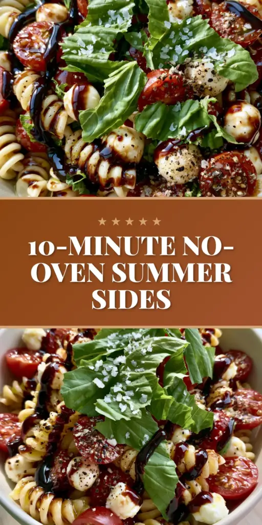 Summer side dishes: The Ultimate Caprese Rotini Pasta Salad 4 A top-down handheld smartphone photo of Mediterranean Caprese pasta salad in a white bowl featuring rotini, tomatoes, and balsamic glaze. (summer side dishes)