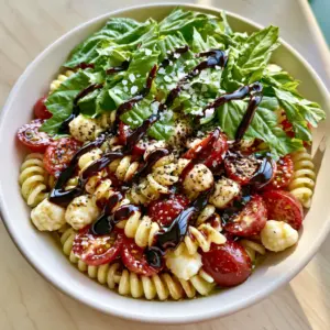 Close up shot of halved ruby-red cherry tomatoes and mini mozzarella pearls on al dente rotini. (summer side dishes)