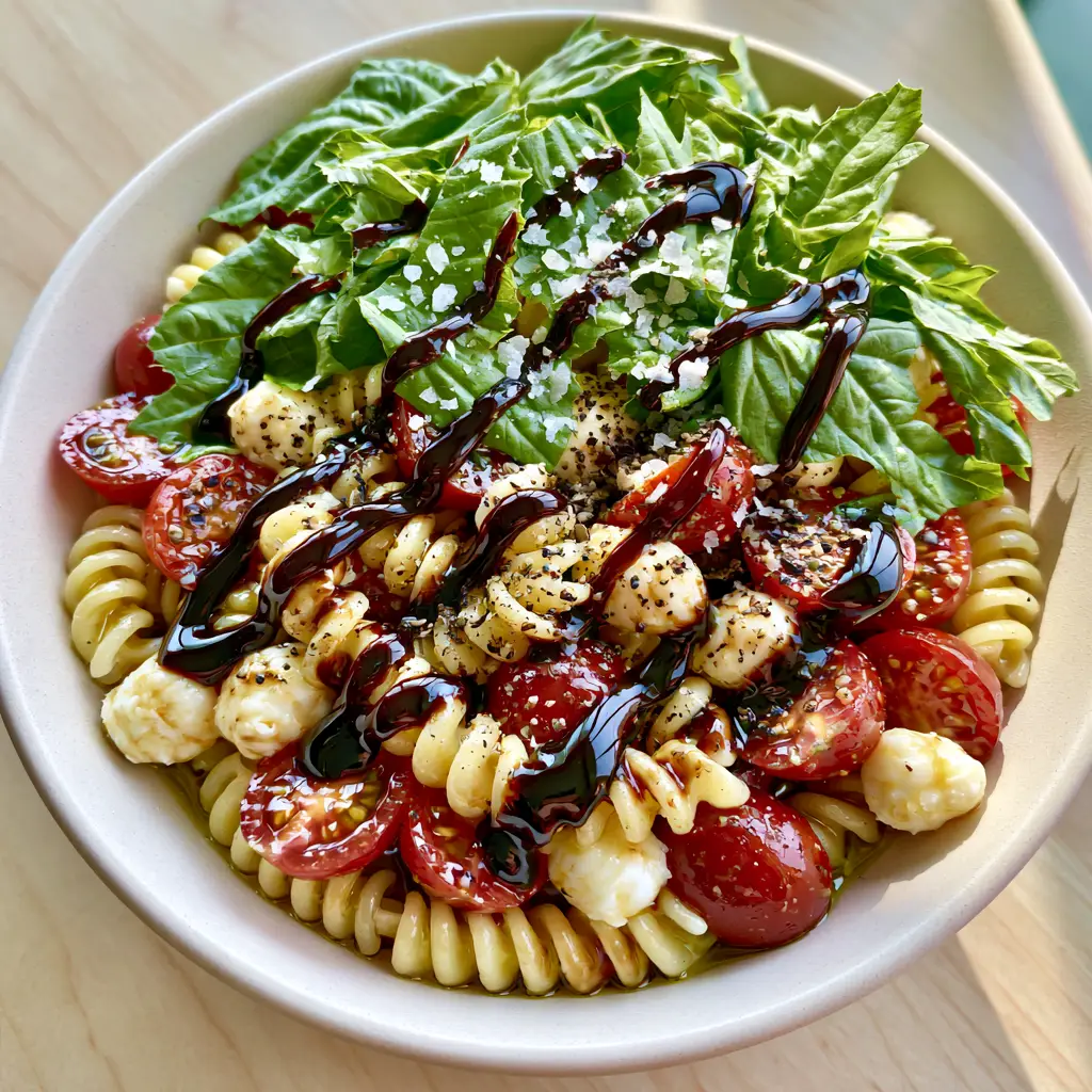 Summer side dishes: The Ultimate Caprese Rotini Pasta Salad 2 Close up shot of halved ruby-red cherry tomatoes and mini mozzarella pearls on al dente rotini. (summer side dishes)