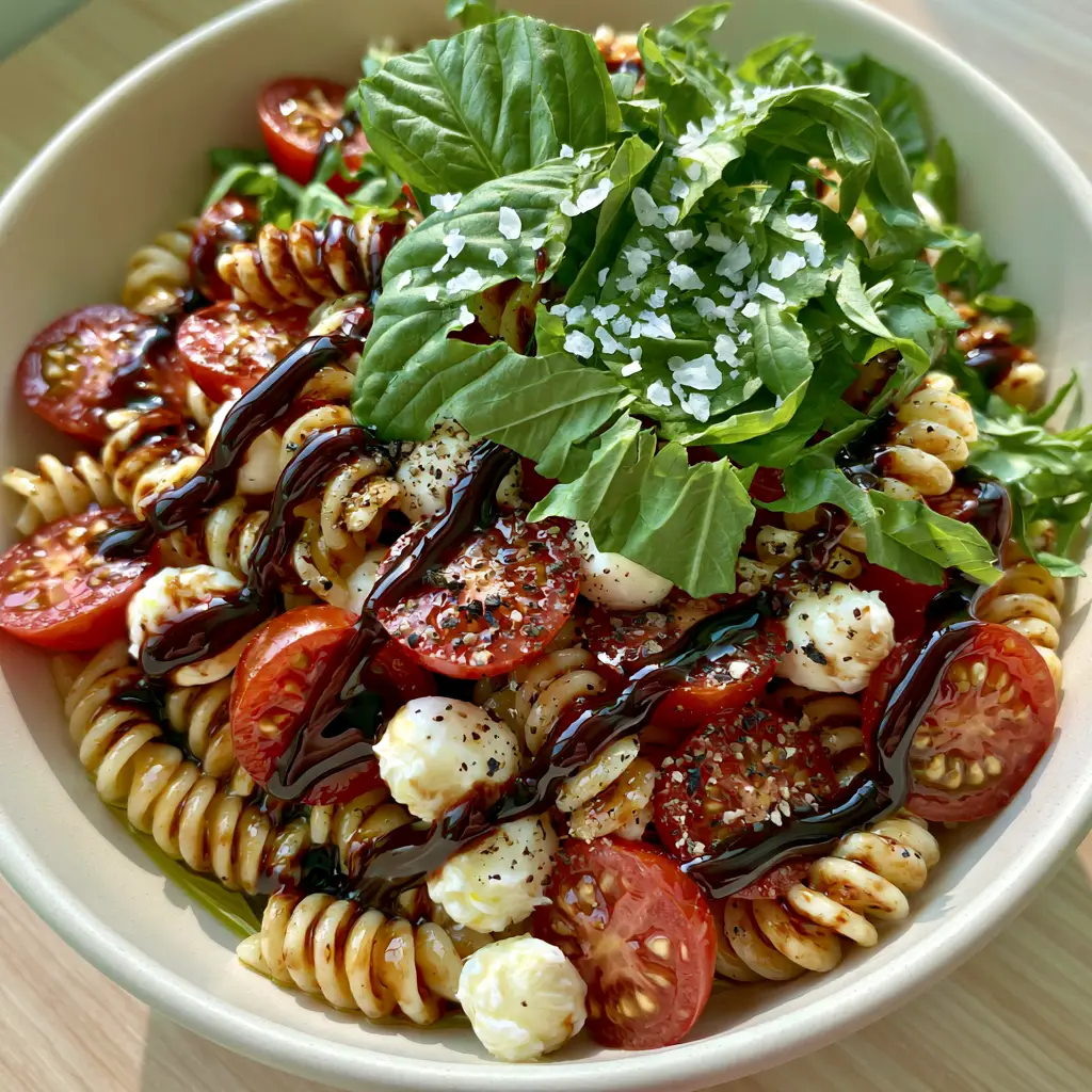 Summer side dishes: The Ultimate Caprese Rotini Pasta Salad 1 Artistic drizzle of dark balsamic glaze over a vibrant Mediterranean pasta salad bowl.