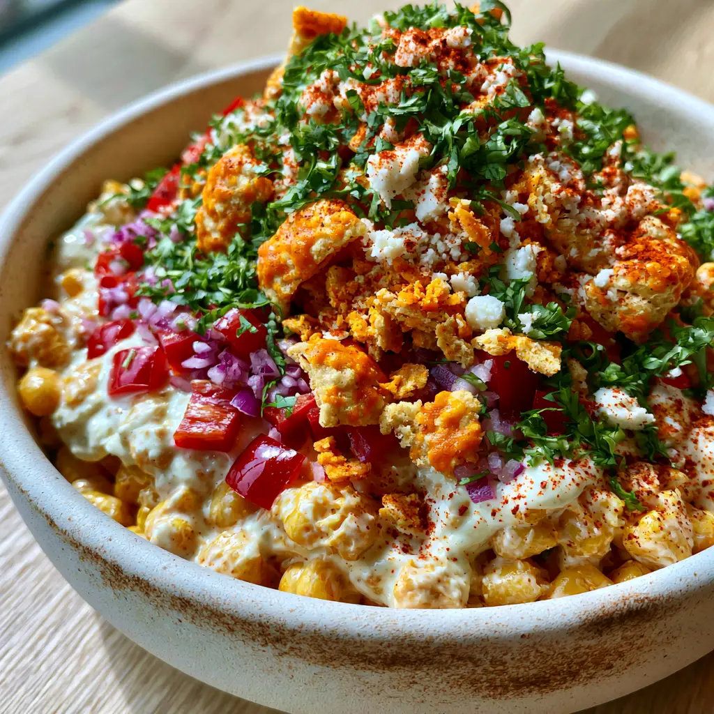 Frito Corn Salad with Creamy Lime Dressing and Chili Cheese Crunch 2 Close-up of plump golden corn kernels in a thick lime-crema dressing with ruby-red peppers. (frito corn salad)