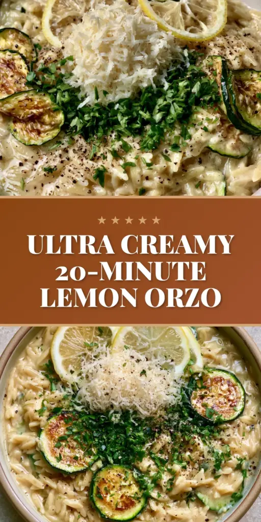 Lemon Orzo with Zucchini: The Ultimate Creamy One-Pan Summer Pasta 4 A shallow ceramic pot filled with creamy lemon orzo with zucchini, topped with lemon wheels and a mountain of parmesan cheese.