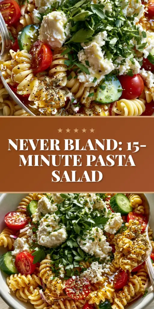 Summer Pasta Salad with Zesty Lemon-Herb Vinaigrette and Feta 4 A high-angle shot of a vibrant Summer Pasta Salad in a white bowl featuring rotini, red tomatoes, and emerald cucumbers under morning sunlight.