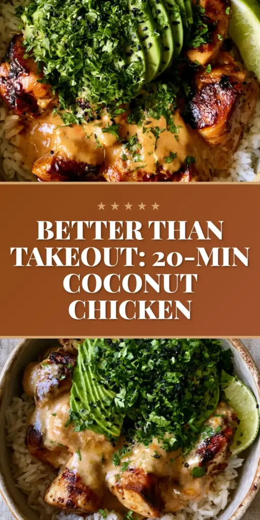 A rustic ceramic Coconut Chicken Rice Bowl featuring charred chicken breast, glossy pale-orange sauce, and fluffy jasmine rice with avocado and lime.