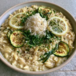 Overhead view of a pale-gold parmesan cream sauce coating plump orzo pearls and vibrant green zucchini. (lemon orzo with zucchini)