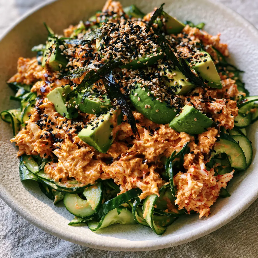 A handheld smartphone photo of the textured California roll cucumber salad with sesame seeds and nori slivers. (California roll cucumber salad)