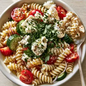 A close-up of Summer Pasta Salad showing the glossy rotini spirals and large crumbles of feta cheese with fresh parsley. (Summer Pasta Salad)