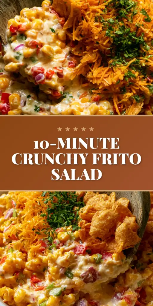 A gourmet Frito Corn Salad in a rustic white bowl, topped with whole crunchy Fritos, shredded cheddar, and cilantro, with a wooden spoon lifting a large scoop.