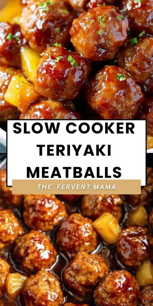 Slow Cooker Teriyaki Meatballs with Shimmering Mahogany Glaze 3 A vertical shot of Slow Cooker Teriyaki Meatballs in a dark mahogany glaze with pineapple and green onions.