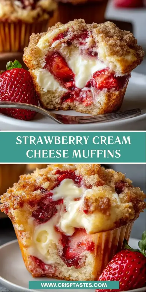 Strawberry Cream Cheese Muffins with a Hidden Cheesecake Center 4 A close-up handheld photo of a Strawberry Cream Cheese Muffin with a golden domed top and visible red strawberry chunks in a white liner.