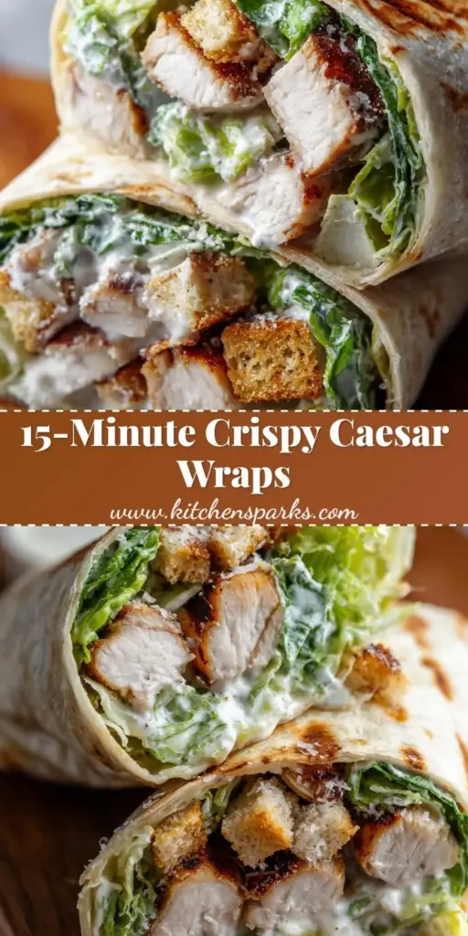 A stacked Chicken Caesar Wrap sliced in half showing grilled chicken with char marks, crunchy croutons, and large parmesan flakes in a white tortilla.