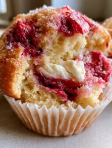 A close-up of a freshly baked strawberry cream cheese muffin revealing a thick creamy white filling and moist yellow cake crumb.