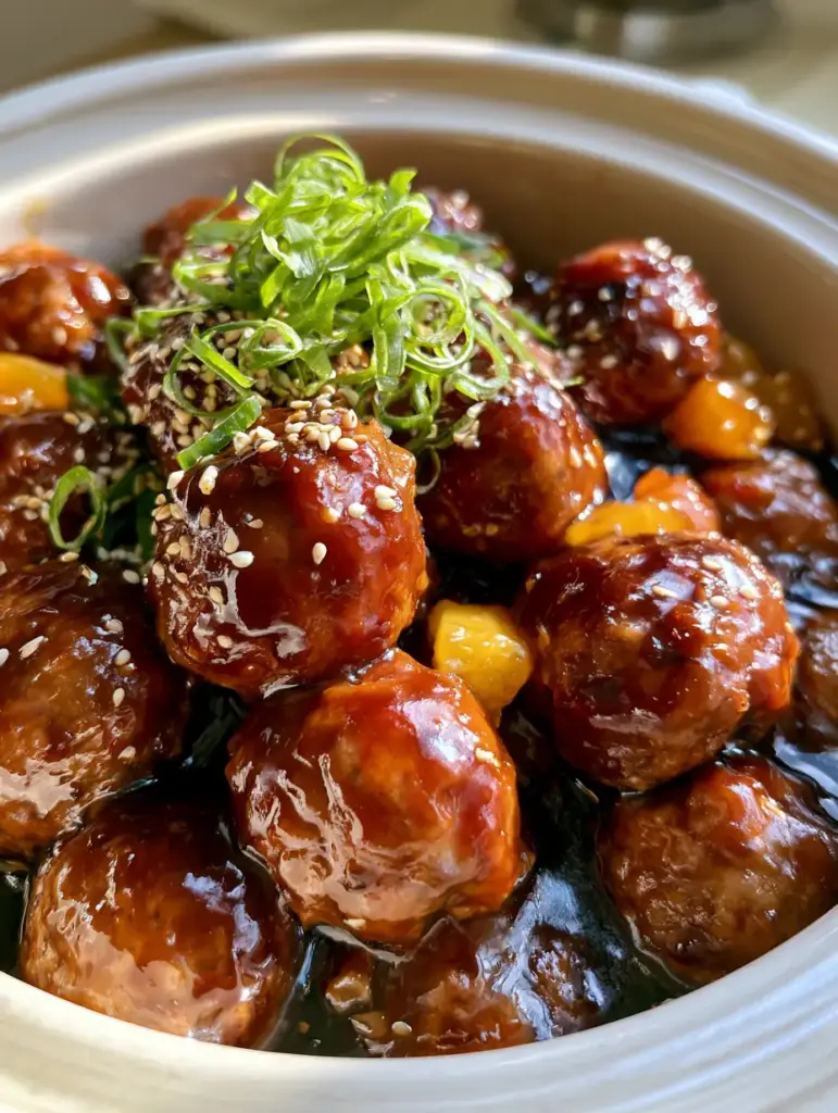 Slow Cooker Teriyaki Meatballs with Shimmering Mahogany Glaze 2 Juicy Slow Cooker Teriyaki Meatballs submerged in a shimmering dark sauce with yellow pineapple chunks.