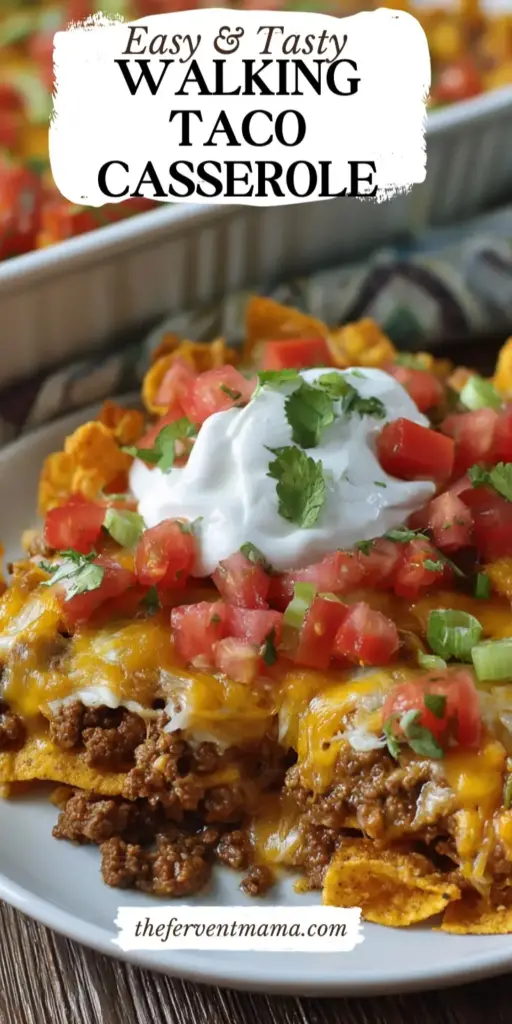 Walking Taco Casserole: The Ultimate Cheesy Frito Ground Beef Bake 3 A vertical Pinterest Pin for Walking Taco Casserole showing a white ceramic dish filled with crunchy Fritos, melted cheddar cheese, and fresh taco toppings.