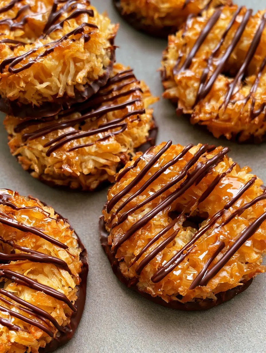 No-Bake Samoa Cookies: The Ultimate Easy Homemade Copycat Recipe 4 Handheld photo showing the fibrous texture of toasted coconut on No-Bake Samoa Cookies.