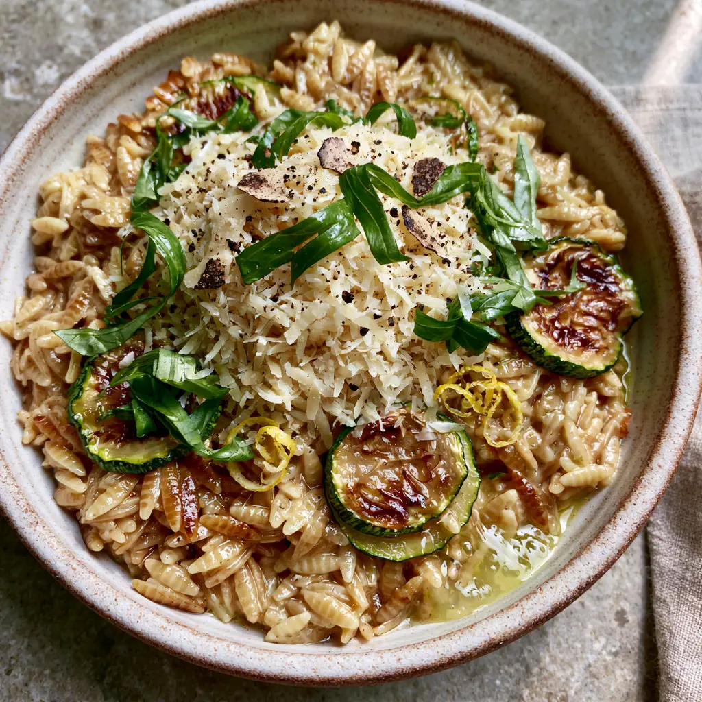 A close-up showing microplaned parmesan cheese and basil chiffonade over lemon orzo with zucchini.
