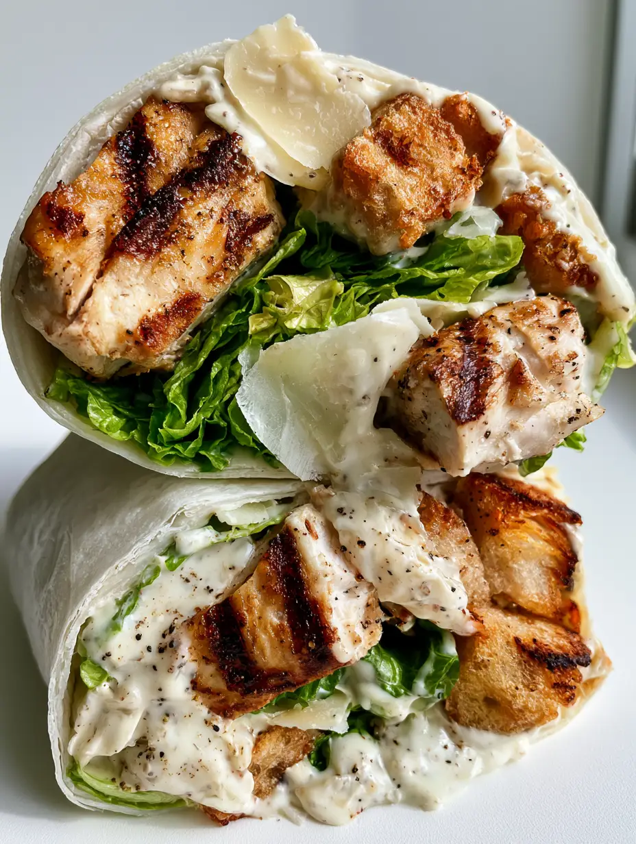 Close-up of a Chicken Caesar Wrap filling featuring vibrant romaine lettuce and thick dressing with black pepper specks.